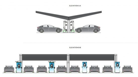 An EV Charging Point Design, show cars under a solar panel port connecting to the charger