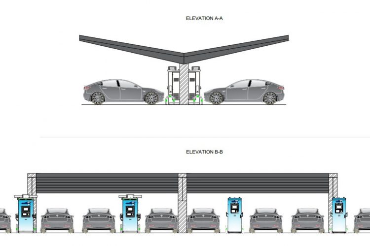 An EV Charging Point Design, show cars under a solar panel port connecting to the charger