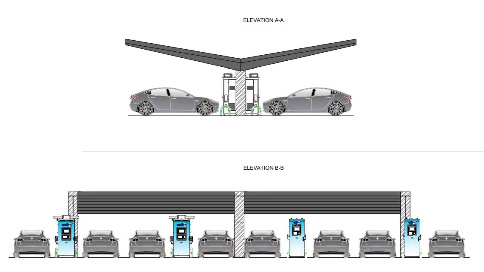 Ethical Planning (NE) Limited — An EV Charging Point Design, show cars under a solar panel port connecting to the charger