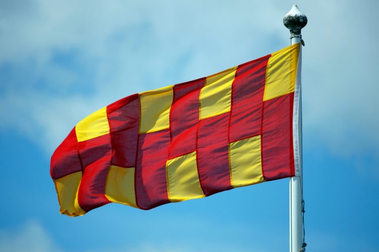 Yellow and Red Northumberland Flag blowing the the wind with a bright blue sky behind.