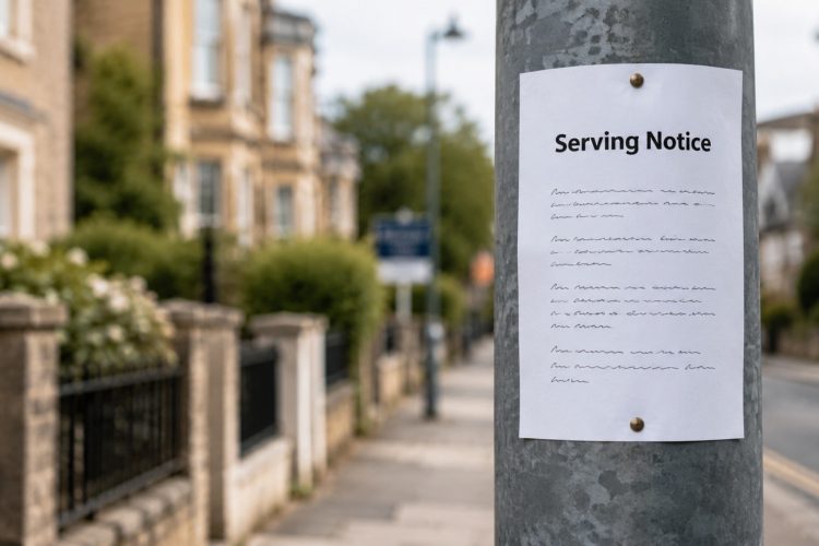 A white serving notice letter on a telegraph post in a residential street