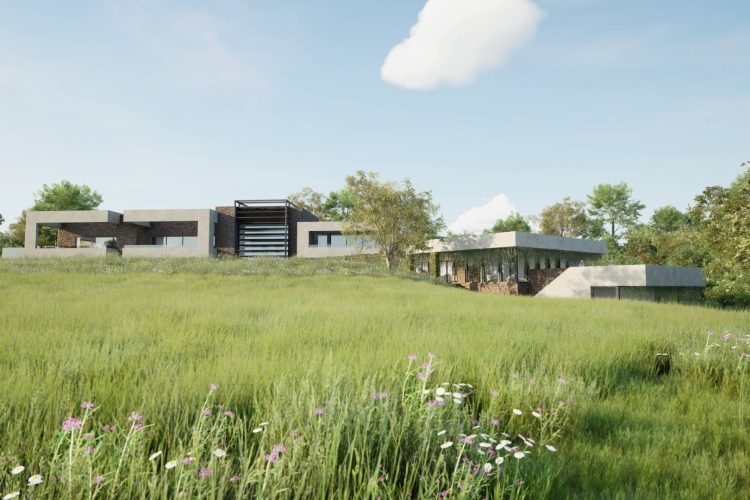 A new build grand design home positioned in a green landscape with lots of trees