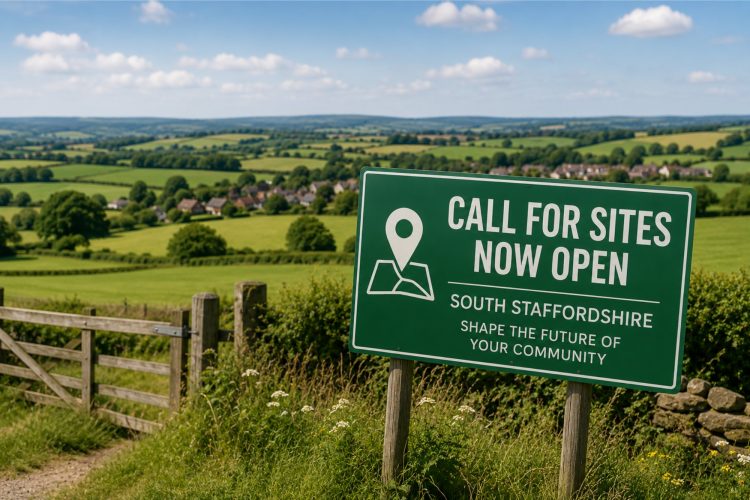 A green sign with white writing stating "call for sites" on a board with the countryside in the background