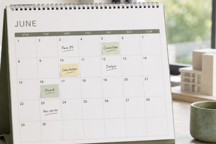 A green and white desk calendar on a desk with various descriptions in the date. A model building on the desk next to it.
