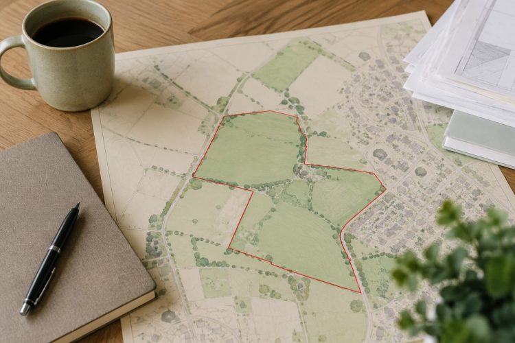 a map with green fields marked in a red outline