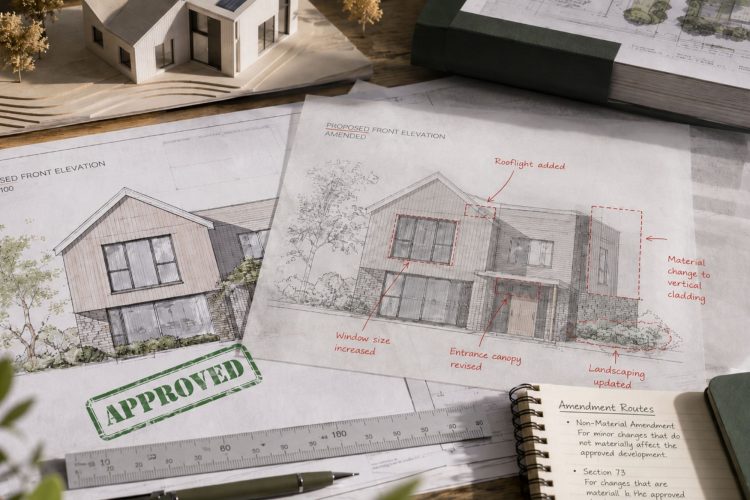 granted planning permission drawings showing changes to the original drawings and the route to fix it. Drawings on on a desk with note pad and pens
