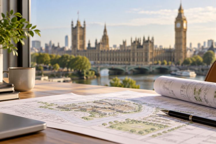 A planning map layed out on a desk at a tilt with a view of the government buildings behind